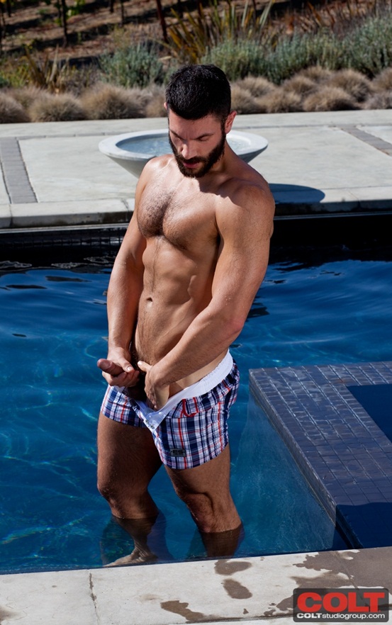 Bearded muscle hunk Bob Hager jerks off by the pool 05 Ripped Muscle Bodybuilder Strips Naked and Strokes His Big Hard Cock photo1 - Muscle hunk with thick hairy chest Bob Hager jerks off by the pool